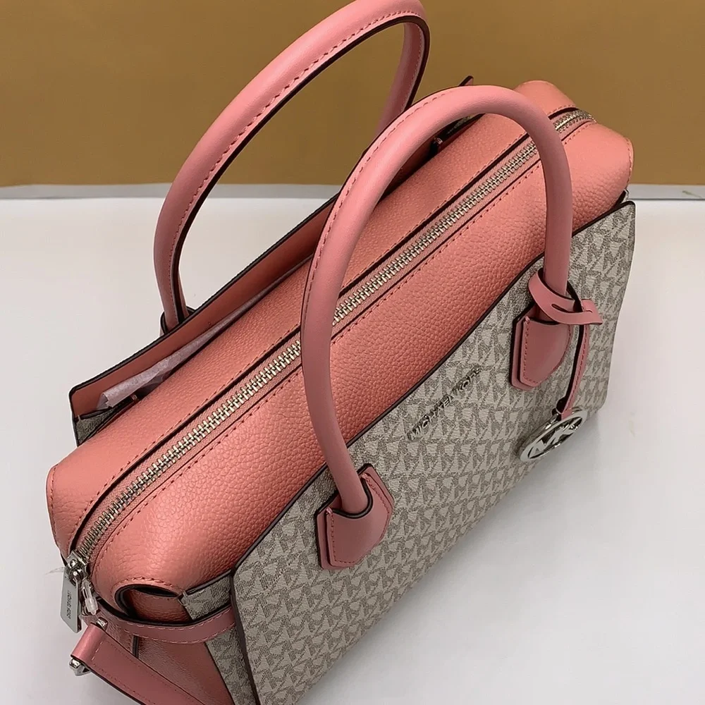 MICHAEL KORS MERCER MEDIUM TOP ZIP BELTED SATCHEL PRIMROSE MULTI SIGNATURE